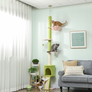 Arbre à chat du sol au plafond réglable H.220-240cm - 5 niveaux - griffoirs, grattoir - bouclette vert