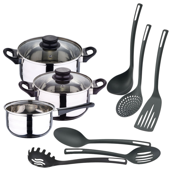 juego de batería de cocina de 5pc en acero inoxidable + 6 utensilios básicos de cocina en pbt negro