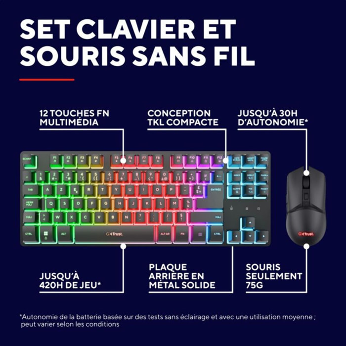 Pack clavier et souris gamer TRUST Combo TKL THADO RGB