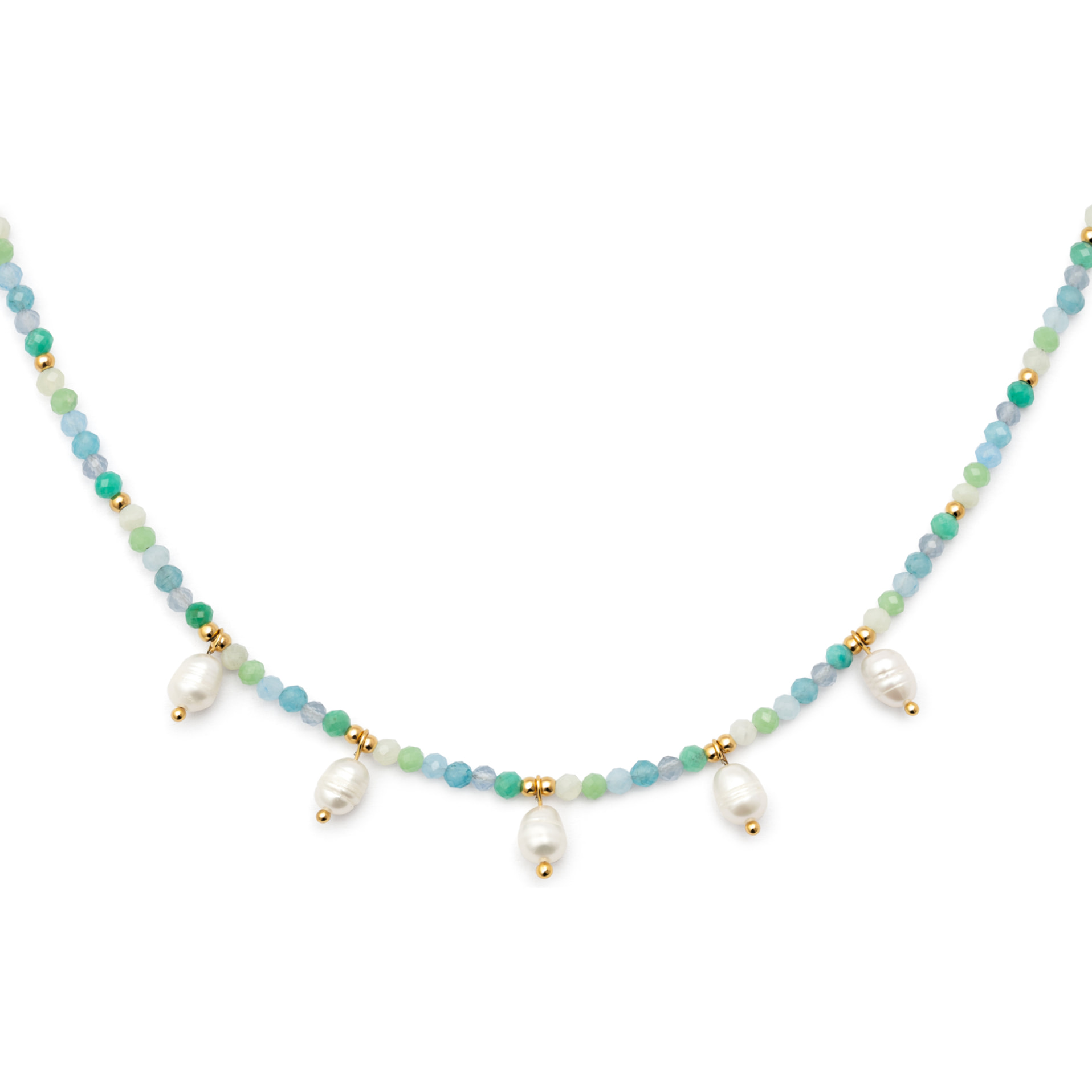 Collar Crystal Blue Pearls Acero Baño Oro