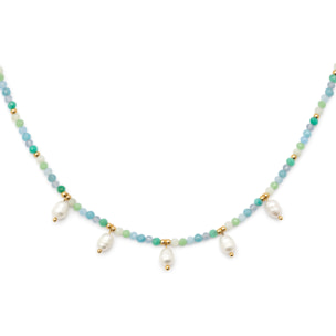 Collar Crystal Blue Pearls Acero Baño Oro