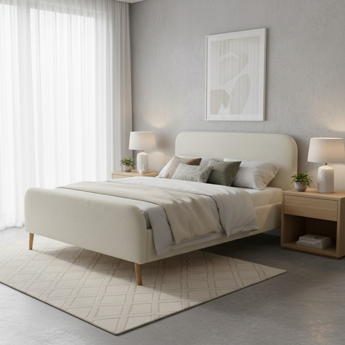 Lit avec sommier à lattes et tête de lit rembourrée 2 places bouclette crème 140 x 190 cm - Finn