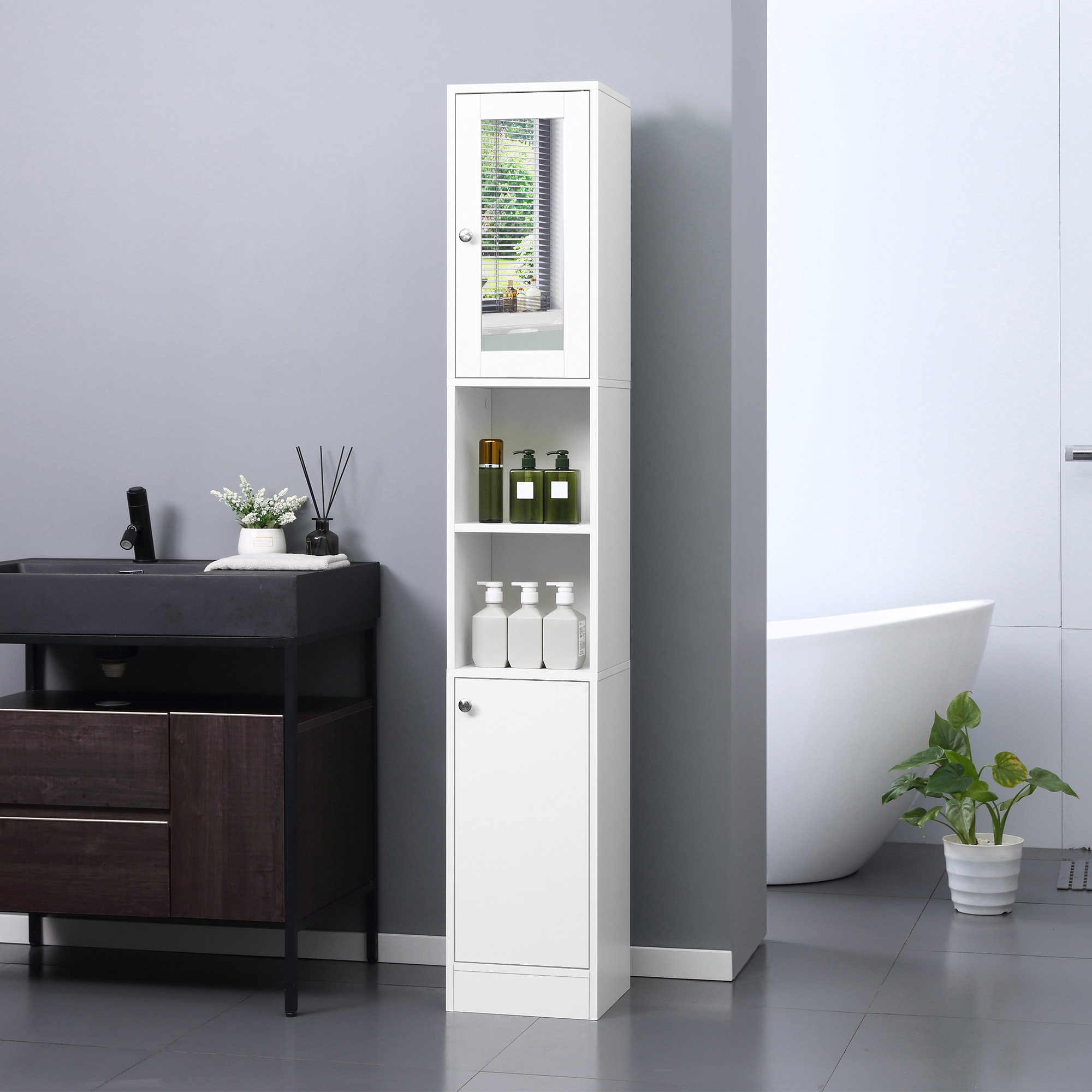 kleankin Armario Alto para Baño con Espejo Mueble Columna de Baño Madera con 2 Estantes Abiertos 2 Puertas y Baldas Interiores Ajustables 30x28x180 cm Blanco