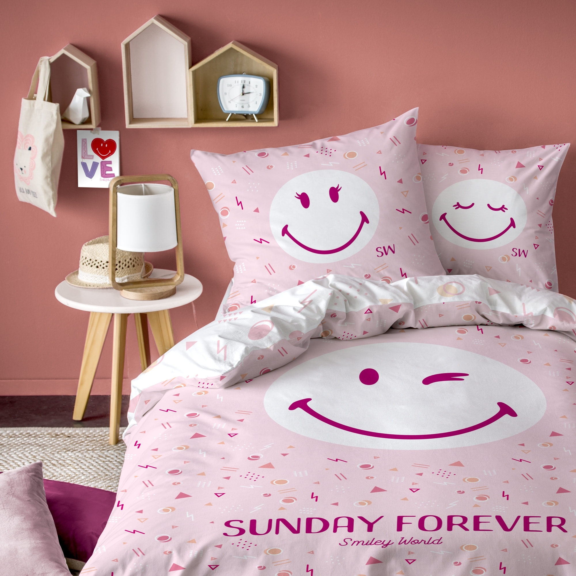 Parure de lit imprimée 100% coton, SMILEY SUNDAY