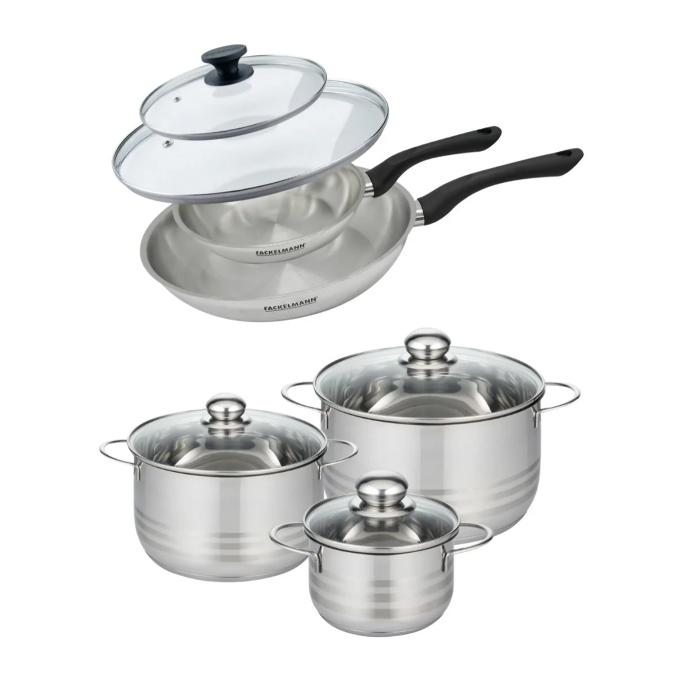 Set de 2 poêles en inox et couvercles, 3 faitouts inox 16, 20 et 24 cm Fackelmann Geneva