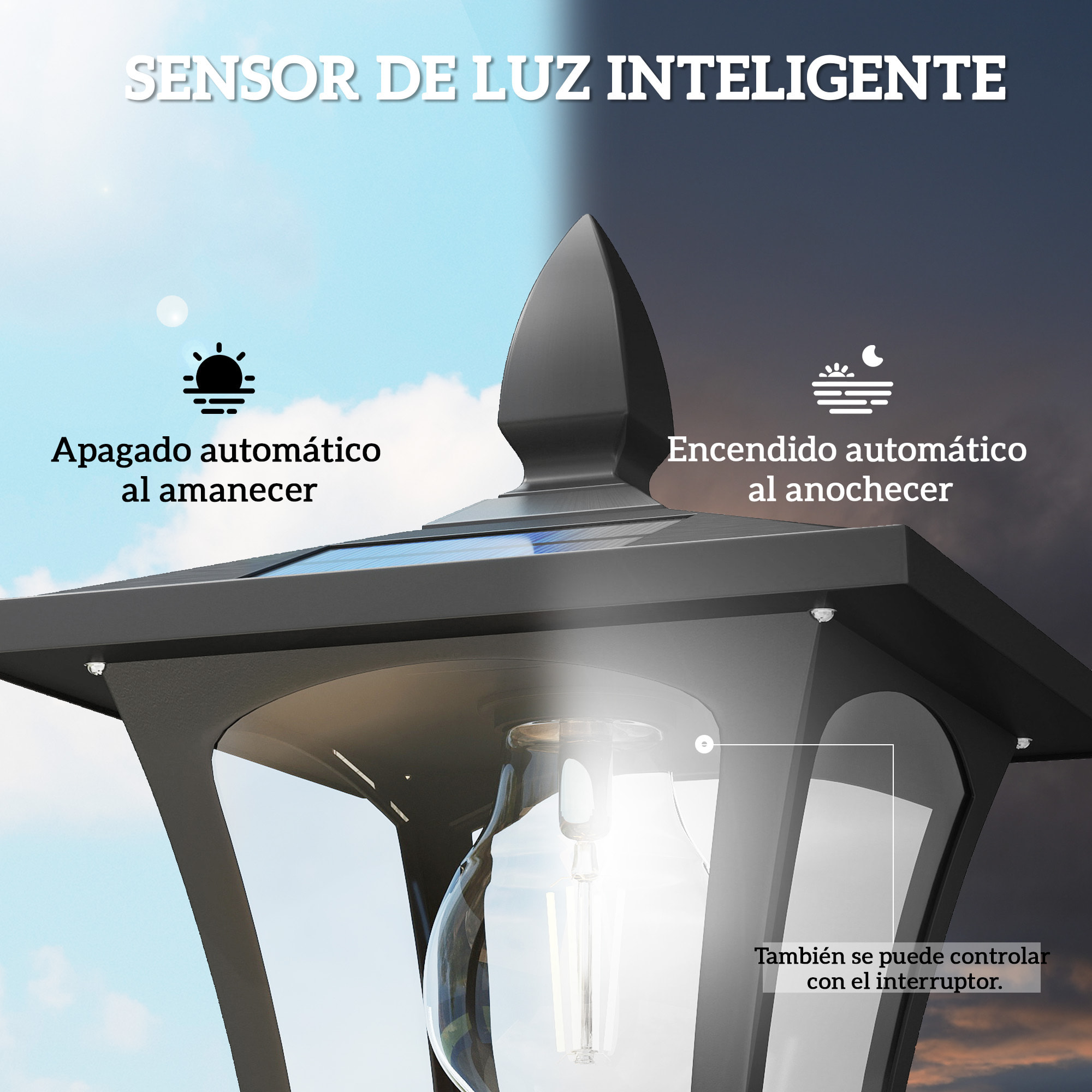 Farola Solar Exterior de Jardín con Macetero, Luz Solar de Exterior LED, Poste de Aluminio, Impermeable IP44, Encendido/Apagado Automático, para Terraza, Patio, 33x33x160 cm, Negro