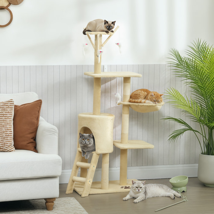 Árbol Rascador para Gatos Grande, Árbol para Gatos, Altura 134 cm, Torre de Escalada con 6 Postes de Sisal, 3 Plataformas, 1 Cueva, 1 Hamaca, 1 Escalera, 4 Juguetes Colgantes, Beige