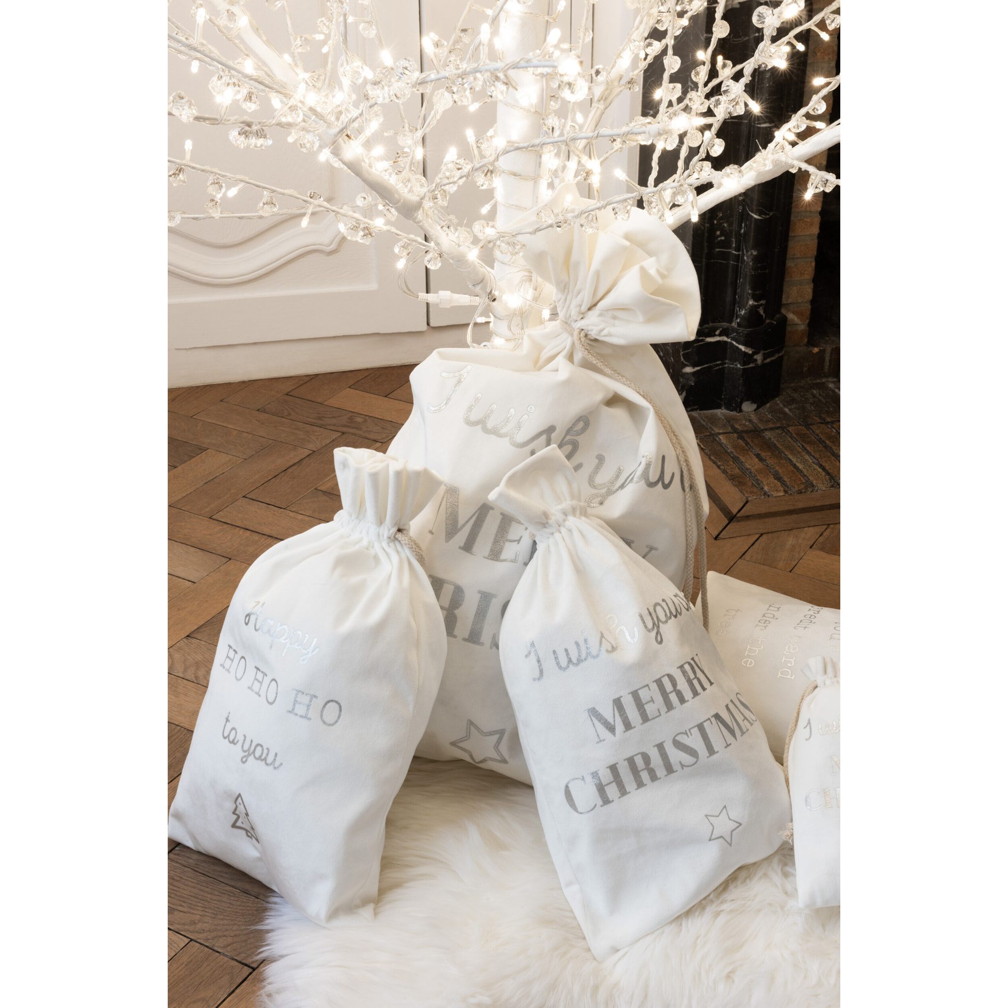 J-Line Sac Noel Anglais Velours Blanc Large Assortiment De 3