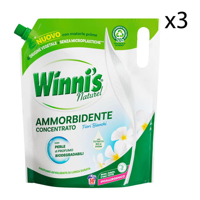 3x Winni's Naturel Ammorbidente Fiori Bianchi per Lavatrice e Bucato a Mano 50 Lavaggi - 3 Buste da 1250ml