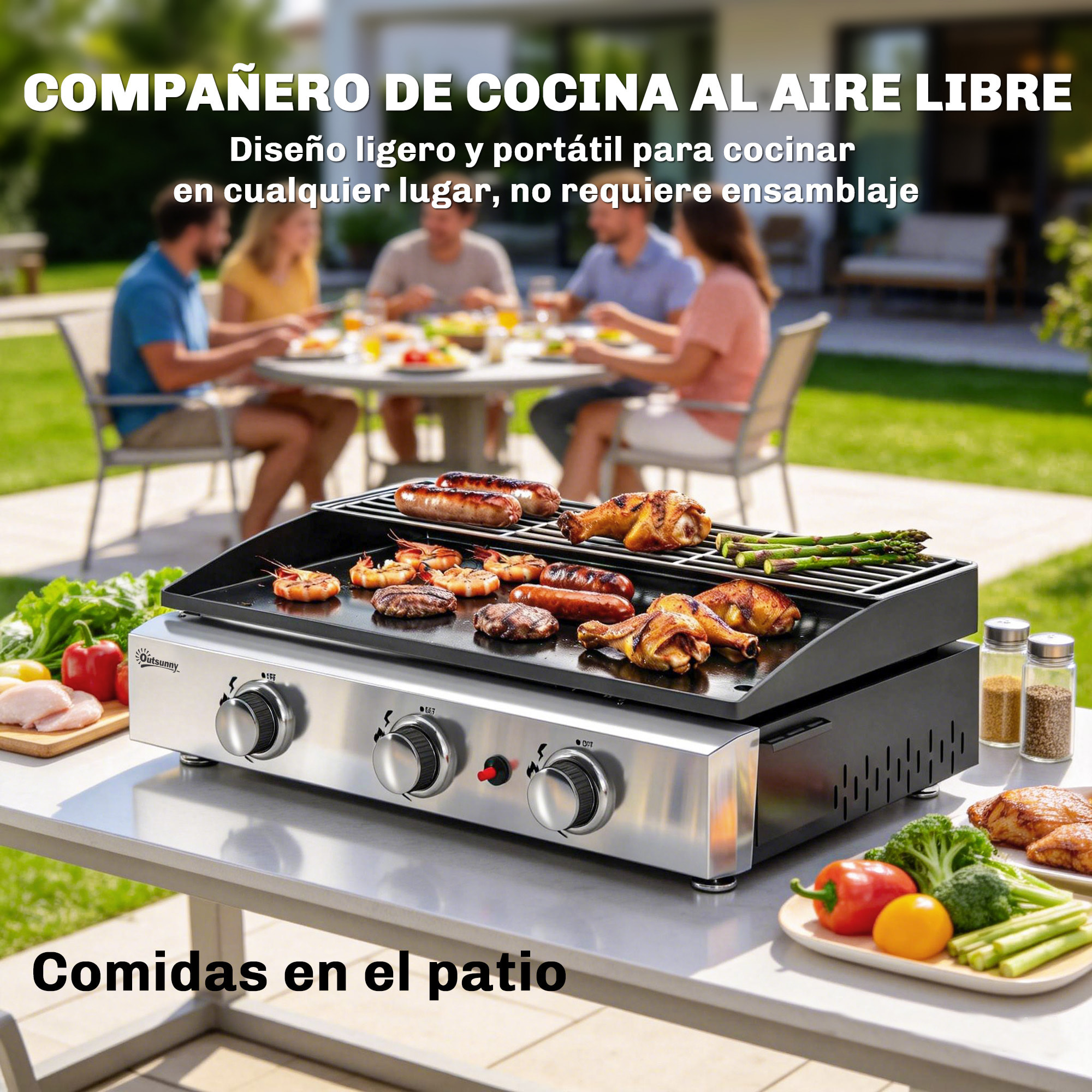 Barbacoa de Gas BBQ Gas con 3 Quemadores 7,5 kW, Barbacoa Portátil con Plancha, Rejilla Calentadora y Recogedor Grasa, para Camping, Picnic, Terraza, Negro