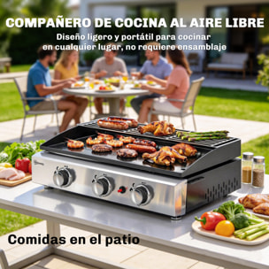 Barbacoa de Gas BBQ Gas con 3 Quemadores 7,5 kW, Barbacoa Portátil con Plancha, Rejilla Calentadora y Recogedor Grasa, para Camping, Picnic, Terraza, Negro