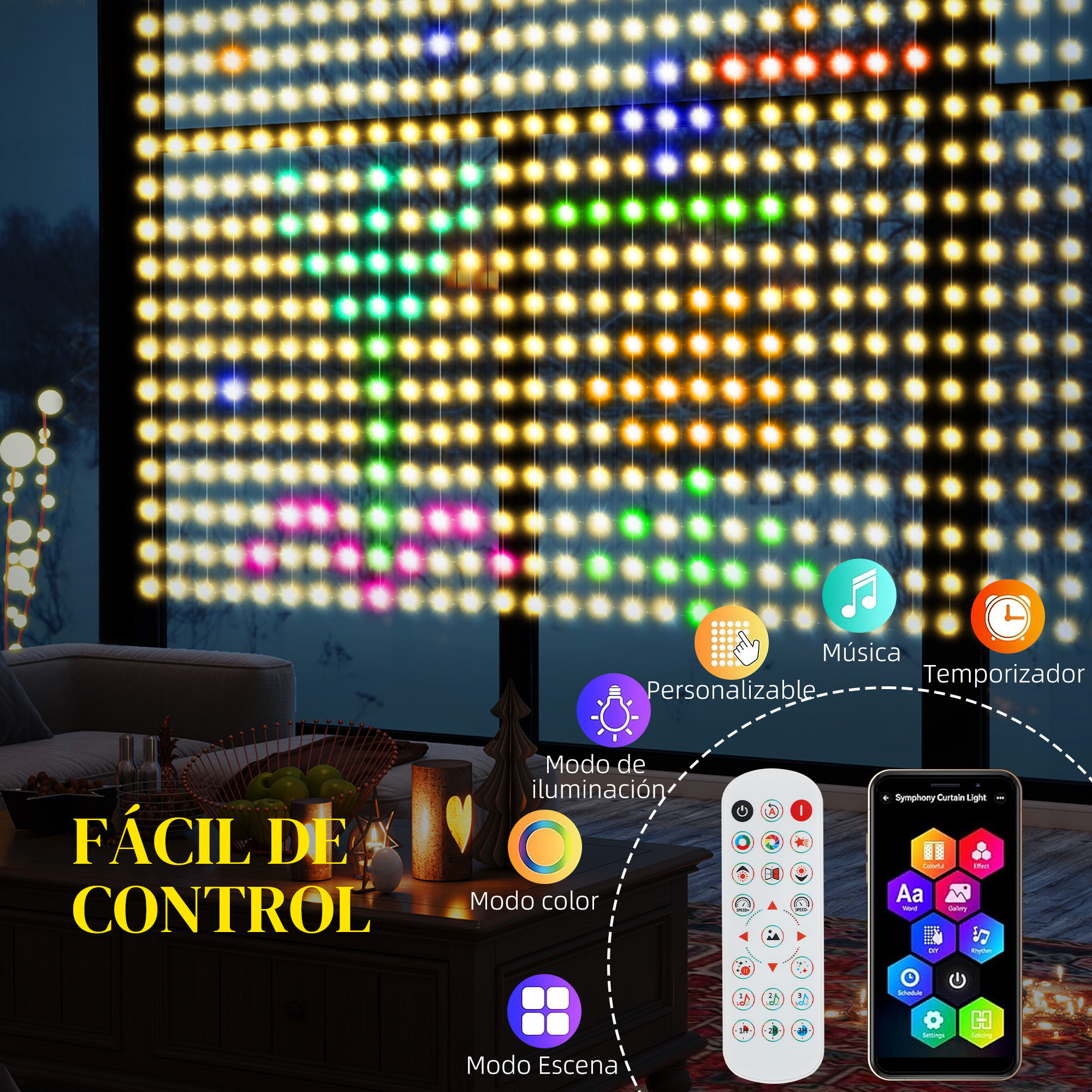 Cortina de Luces 3x3 m Cortina LED Inteligente con 400 Luces LED RGBIC Sincronización Musical Control Remoto y App Efectos Colores Personalizables para Interior Dormitorio