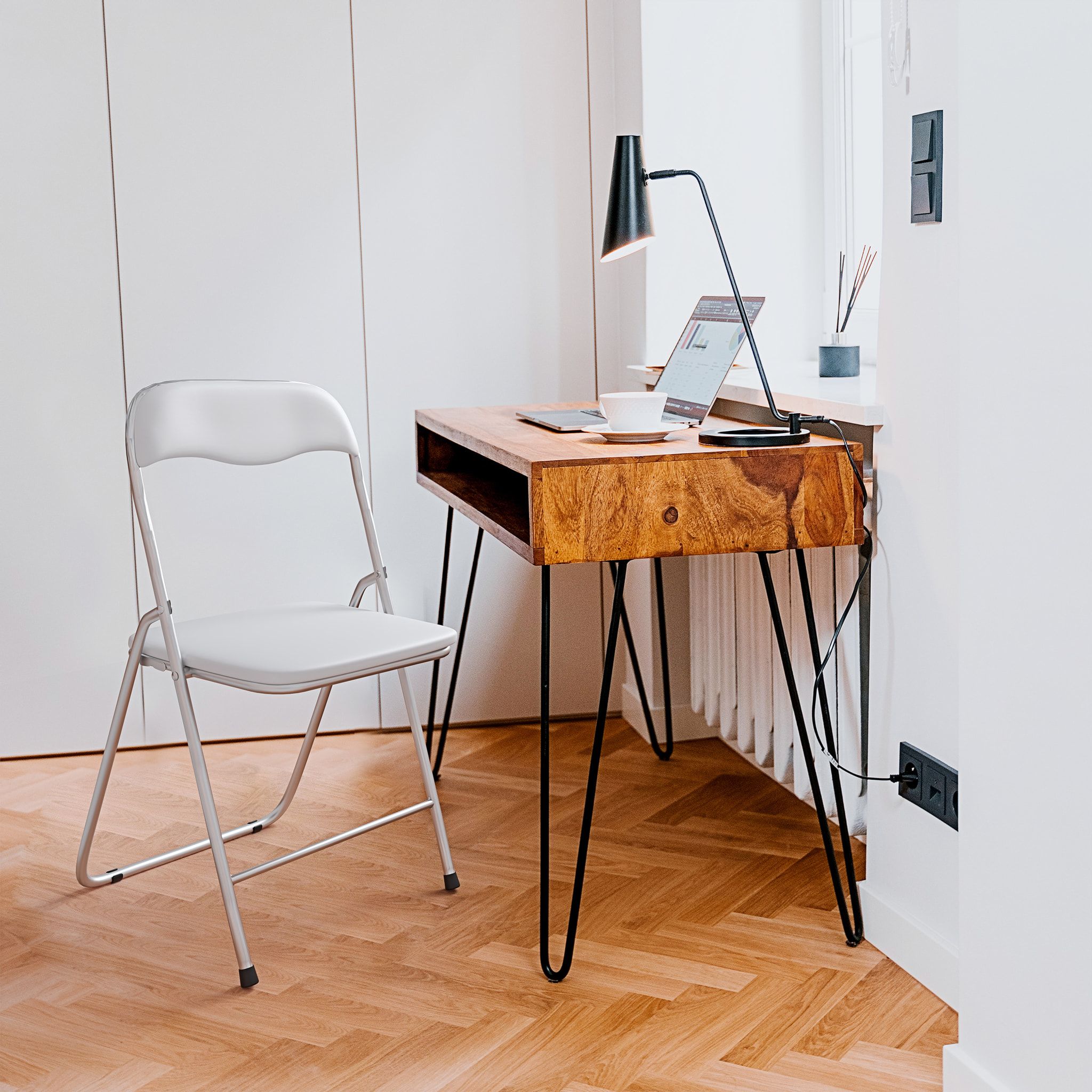 Set da 6 Sedia Pieghevole Slim in Metallo Sedie Salvaspazio Ufficio Casa Campeggio Salotto Cucina Ecopelle Comoda Seduta Imbottita 78x44x44 cm Bianco