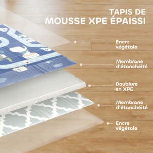 Tapis de jeu - tapis enfant pliable réversible - dim. 202 x 180 cm ép. 1 cm - circuit animaux