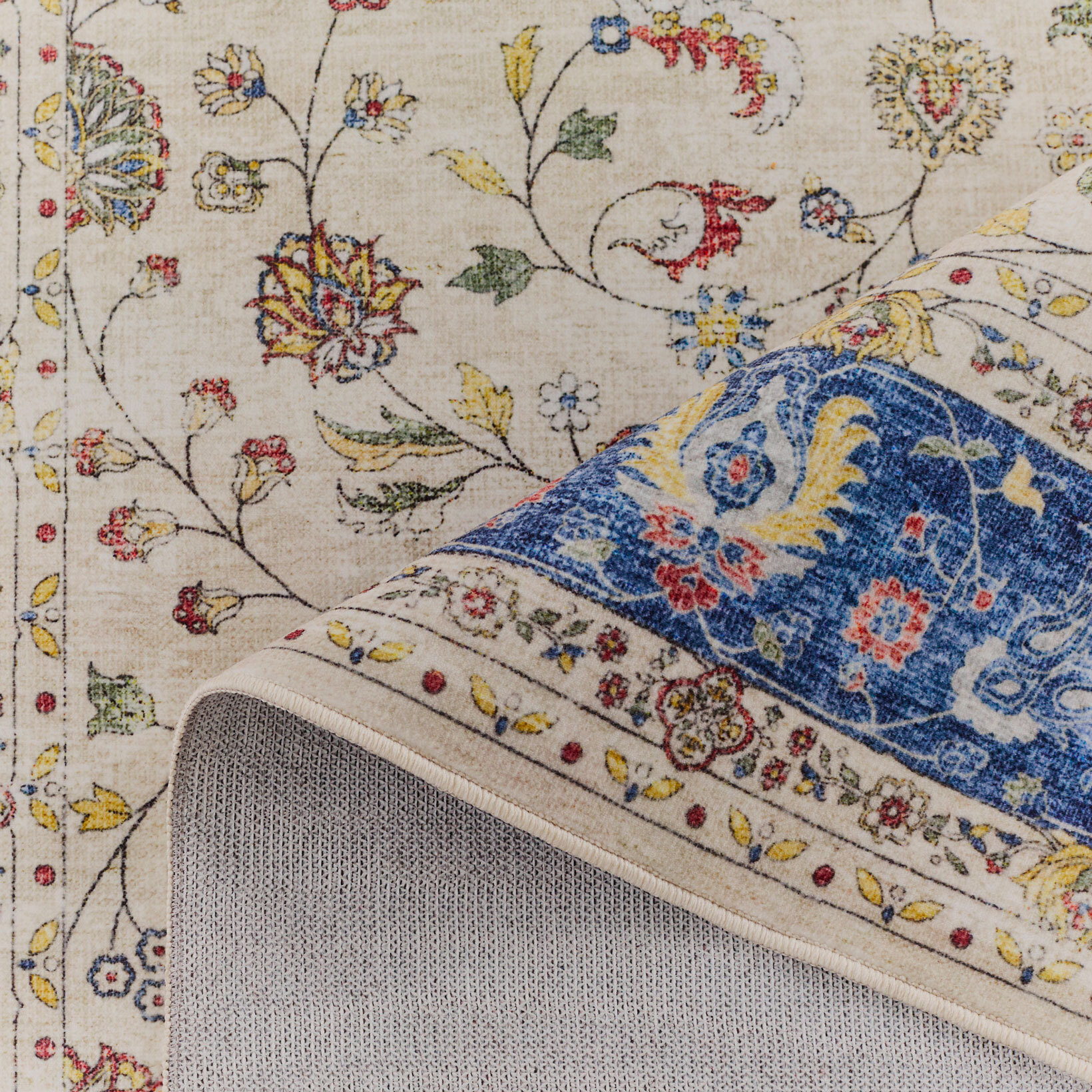 OTTOMAN - Tapis à poils courts doux à motif arabesque bleu