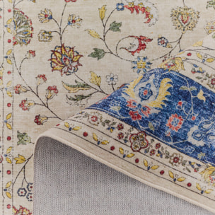 OTTOMAN - Tapis à poils courts doux à motif arabesque bleu