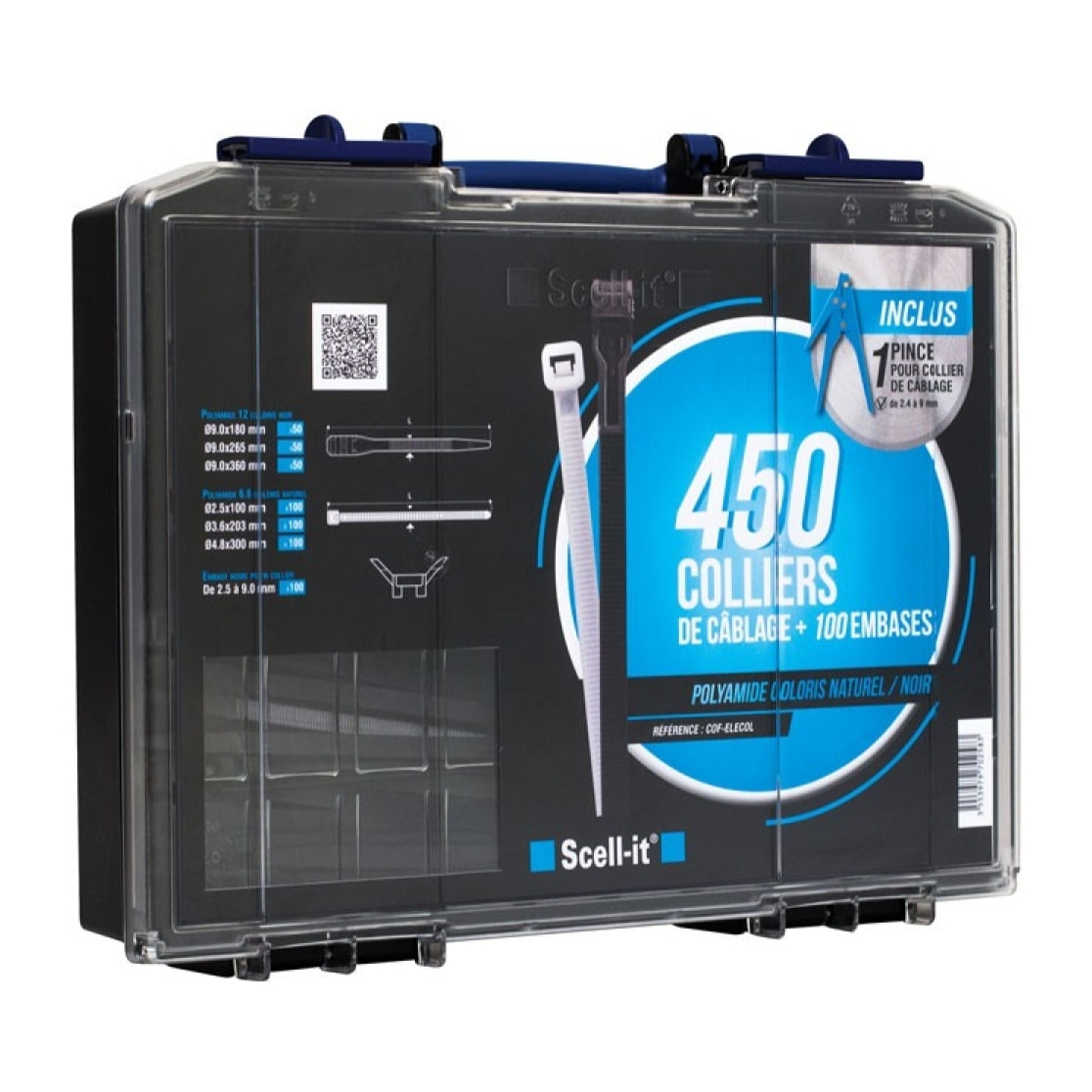 Coffret 450 colliers de câblage polyamide SCELLIT - avec pince - COF-ELECOL