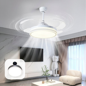 Ventilatore da soffitto 8808, 120 cm, pale retrattili. Motore DC da 36 W, luci LED dimmerabili da 60 W, 6 velocità, modalità inverno/estate. Controllabile tramite telecomando o app per dispositivi mobili.