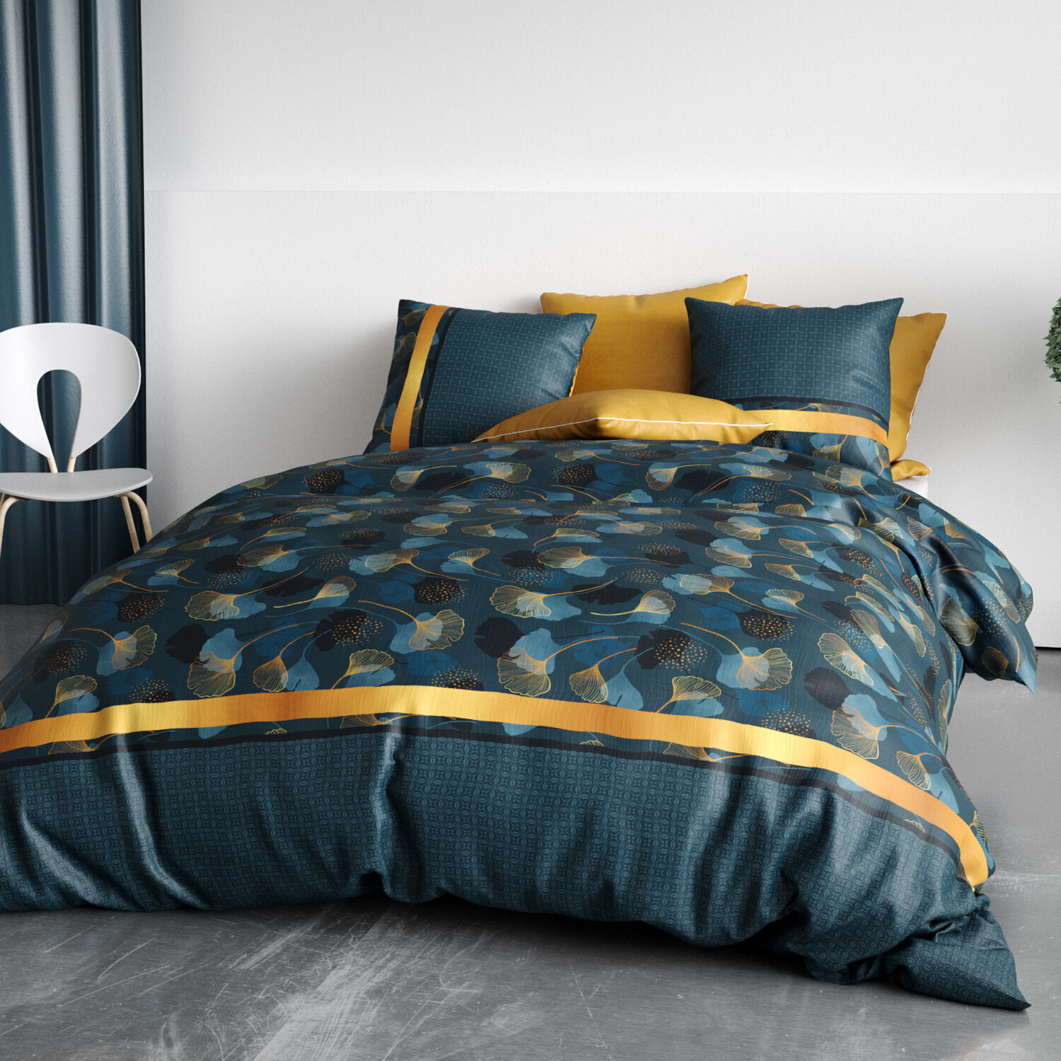 Parure housse de couette imprimé 100% coton - ginko - jaune