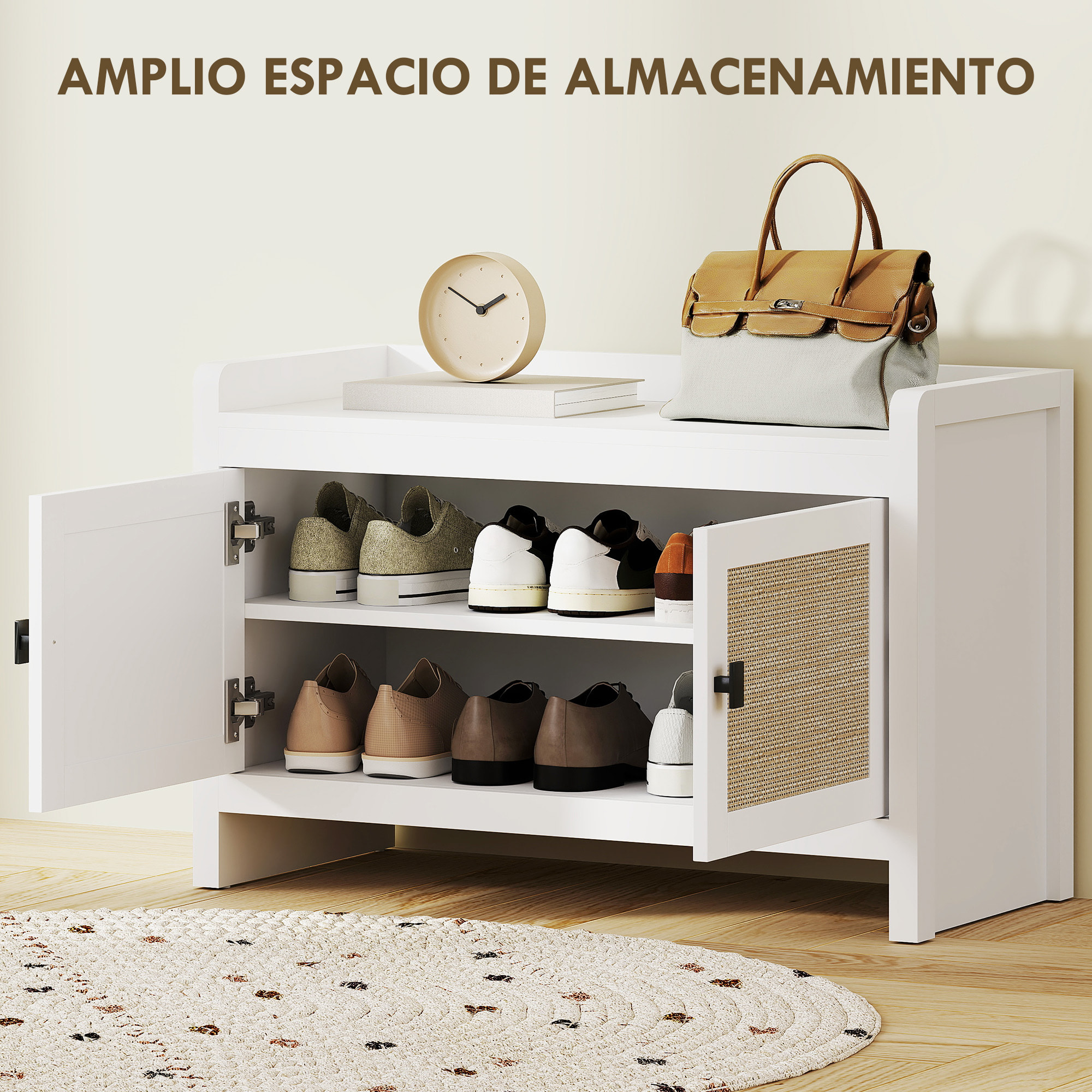 Banco Zapatero Mueble Zapatero Banco de Almacenamiento Bohemio con Puertas Frentes de Ratán Estante Extraíble para 8 Pares de Zapatos para Entrada Dormitorio 80x35x52 cm Blanco