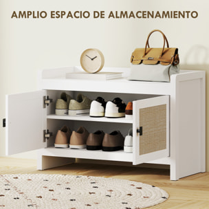 Banco Zapatero Mueble Zapatero Banco de Almacenamiento Bohemio con Puertas Frentes de Ratán Estante Extraíble para 8 Pares de Zapatos para Entrada Dormitorio 80x35x52 cm Blanco