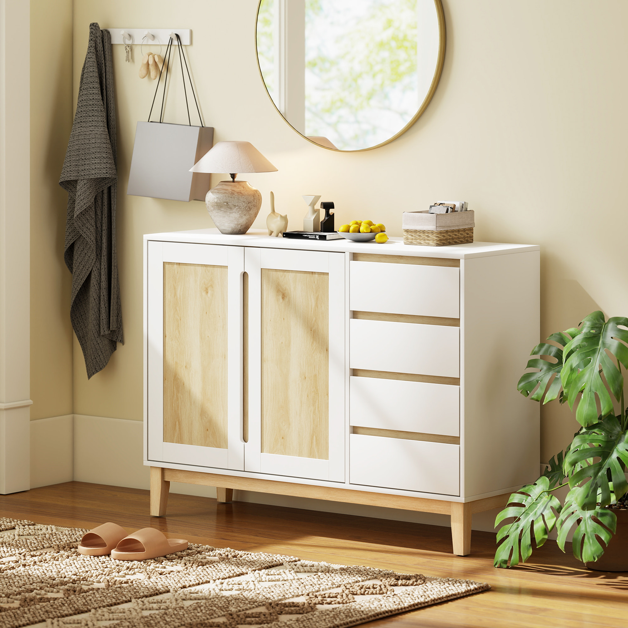 Buffet style nordique - 2 portes, étagère, 2 tiroirs - piètement bois banc effet bois clair