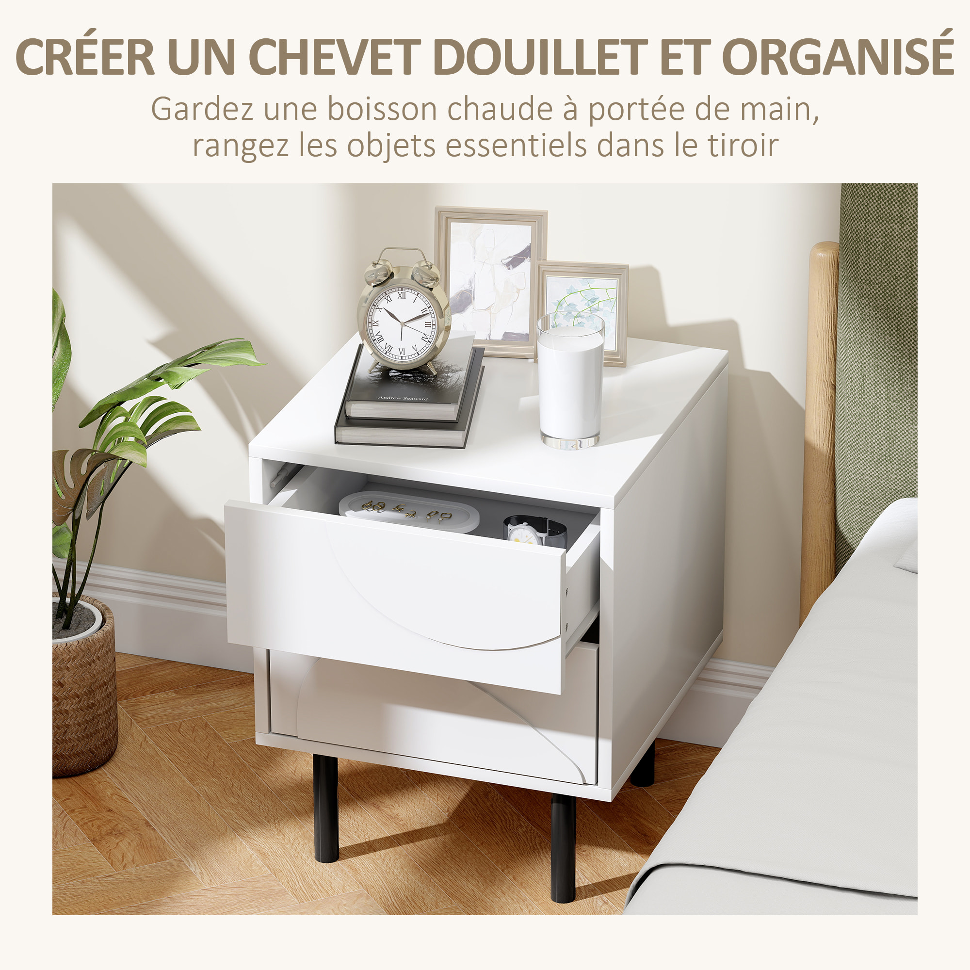 Table de chevet, table d'appoint avec 2 tiroirs, pieds en acier, 40 x 40 x 50 cm, blanc