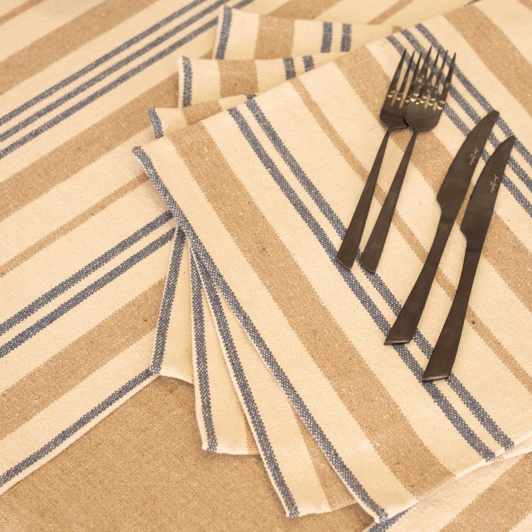 Set de table en coton épais rayures - Bleu Foncé