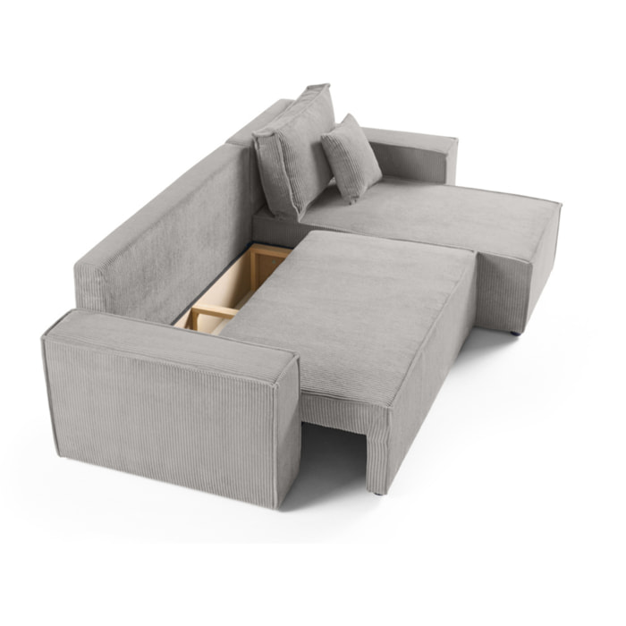 Cezanne - canapé d'angle réversible - 4 places - convertible avec coffre - en velours côtelé - Gris clair