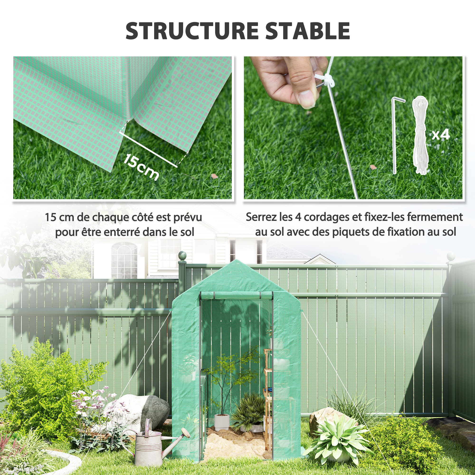 Serre de jardin 2 tablettes dim. 1,86L x 1,2l x 1,9H m porte déroulante acier PE haute densité 140 g/m² vert