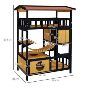 PawHut Caseta para Gatos de Madera 84x60x116 cm Casa para Gatos de 4 Niveles Refugio para Gatos con Puente Colgante Balcón y Techo Asfáltico Natural