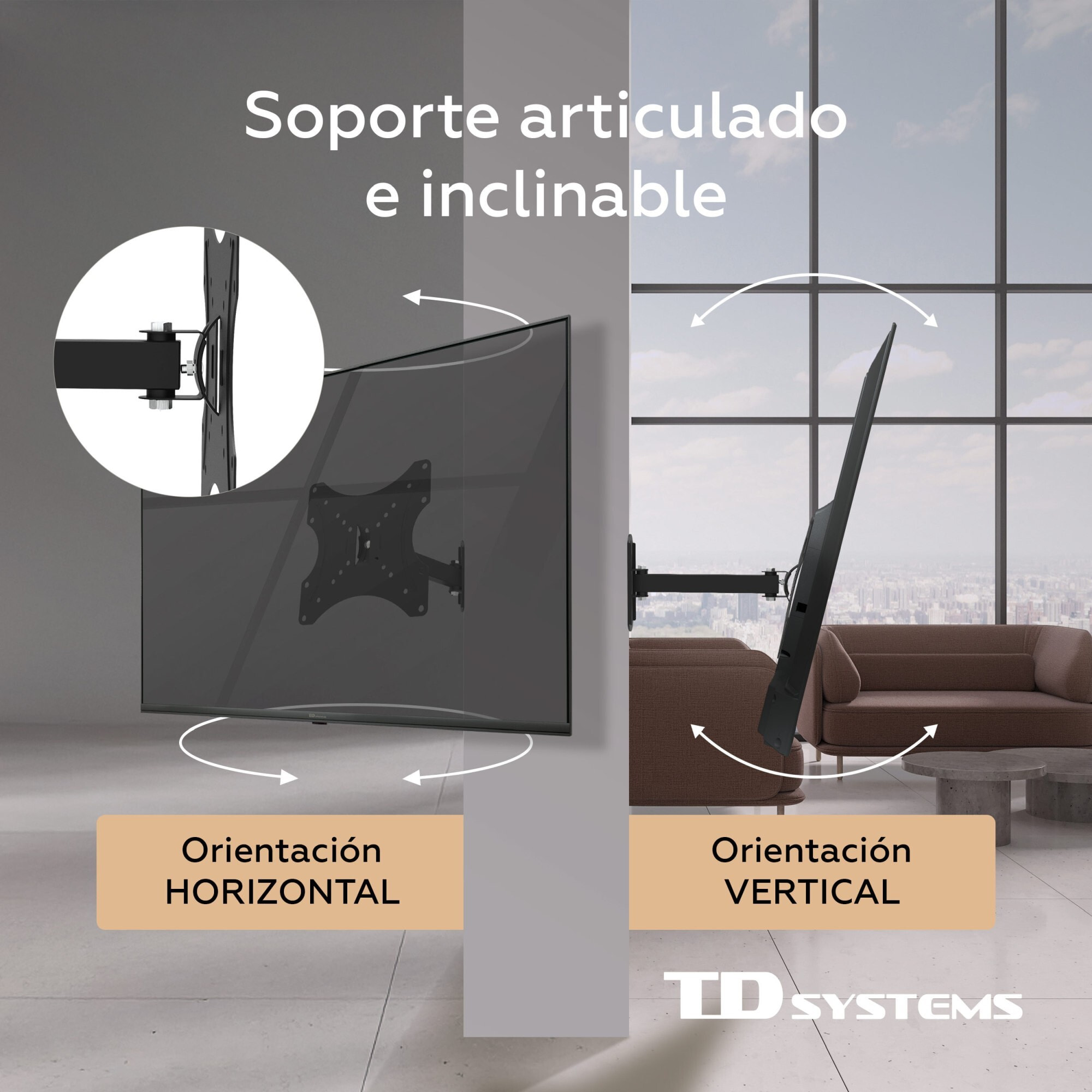 Soporte de TV pared articulado e inclinable de perfil bajo para pantallas de 14 a 40 pulgadas. VESA máximo de 200 x 200 mm - TD Systems P20X25A122