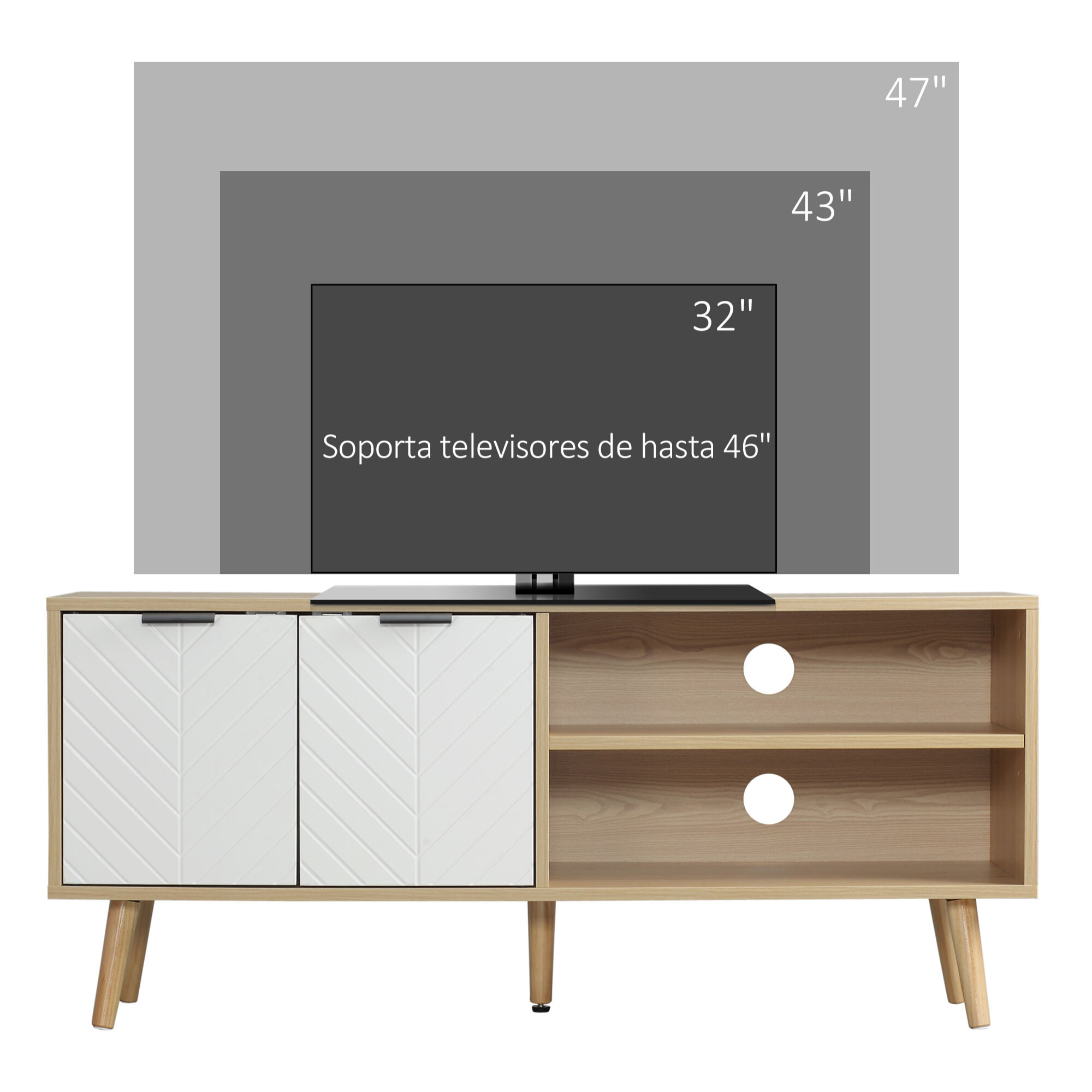 HOMCOM Mueble para TV Moderno Mesa para TV de Salón con 2 Puertas y 2 Estantes de Almacenaje para Televisores de hasta 46" para Dormitorio 110x39x48,8 cm Natural y Blanco