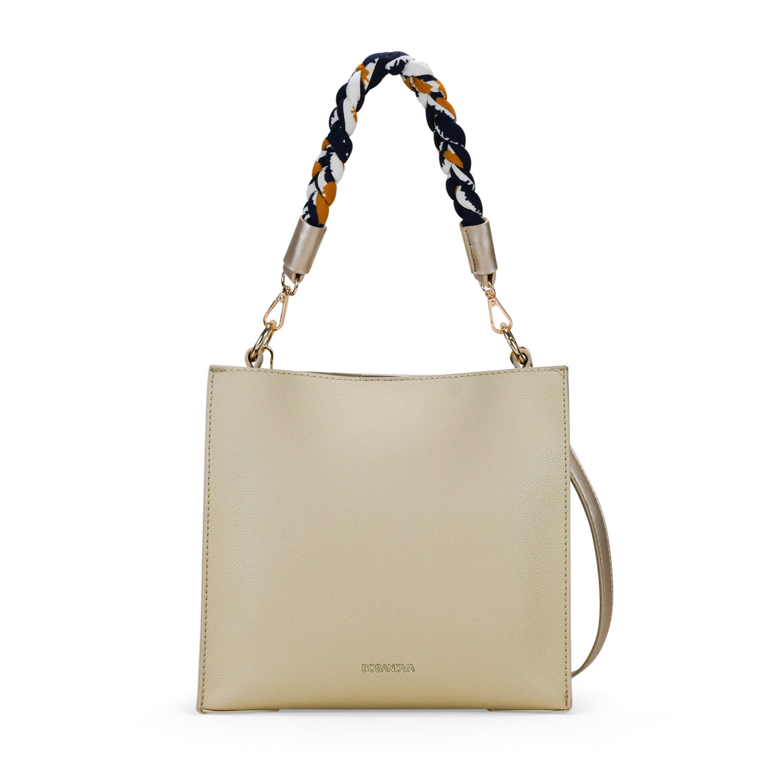 Bolso cuadrado dorado con asa de pañuelo