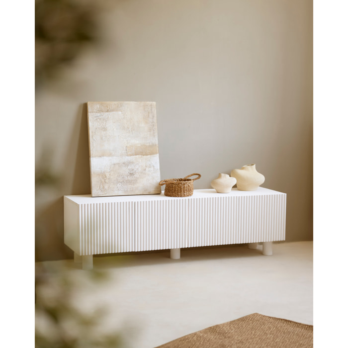 Meuble TV en bois de sapin et pin en ton blanc 152x42cm Hauteur: 45.5 Longueur: 152 Largeur: 42