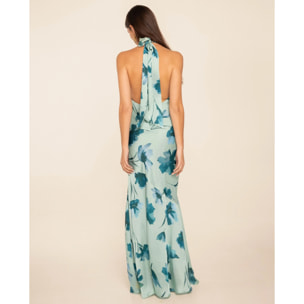 Vestido largo con escote halter y lazada