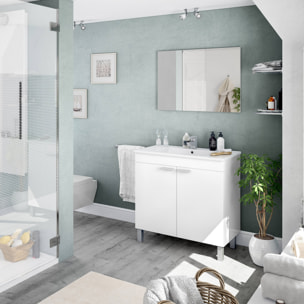 Mobile sottolavabo Augusta, Mobiletto per bagno a 2 ante, Armadietto da terra con specchio, cm 80x45h80, Bianco