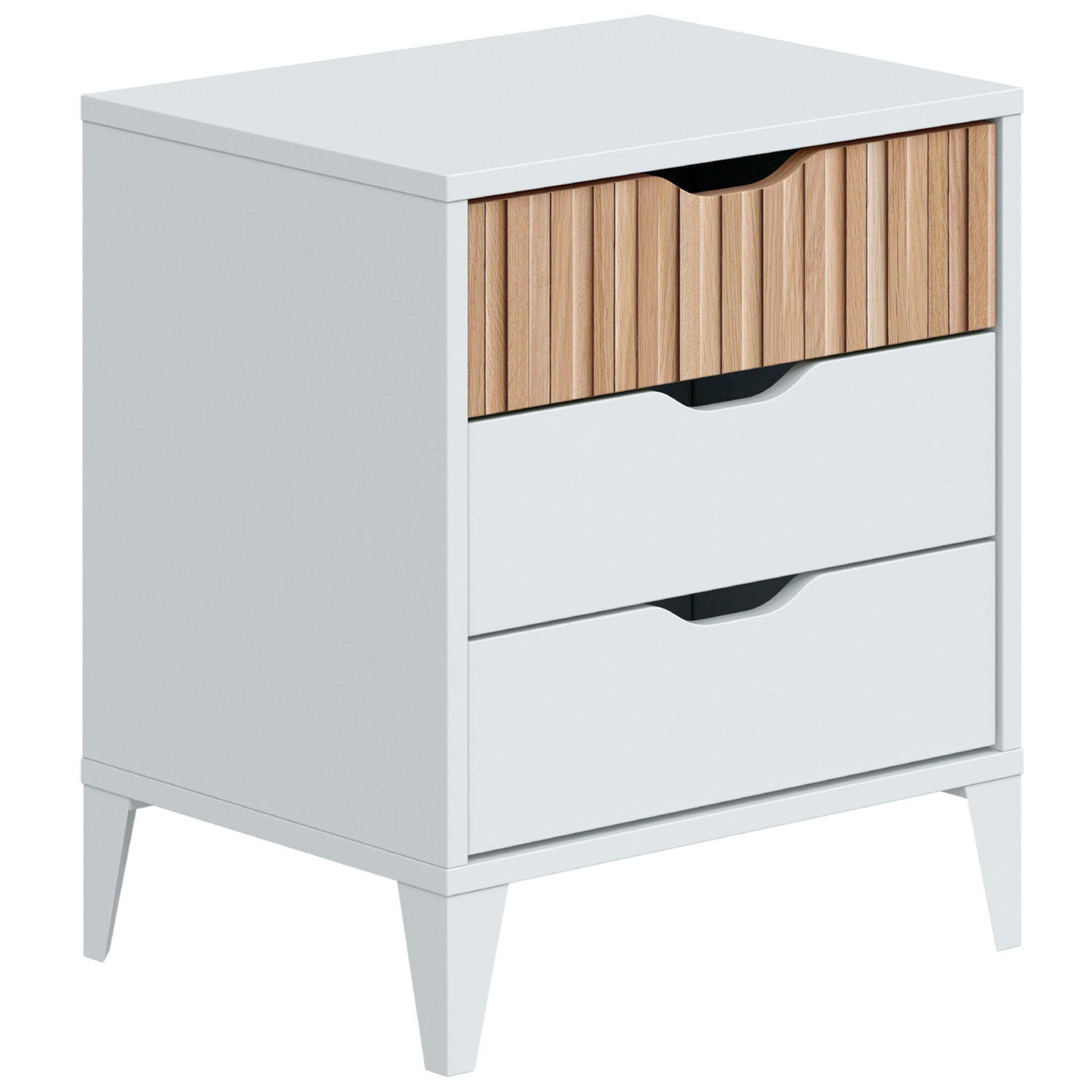 Comodino Stile Nordico Con 3 Cassetti Mobiletto Con Gambe Rialzate Design Scandinavo Zona Notte Salvaspazio 50 x 44 x 33 Cm Bianco E Rovere