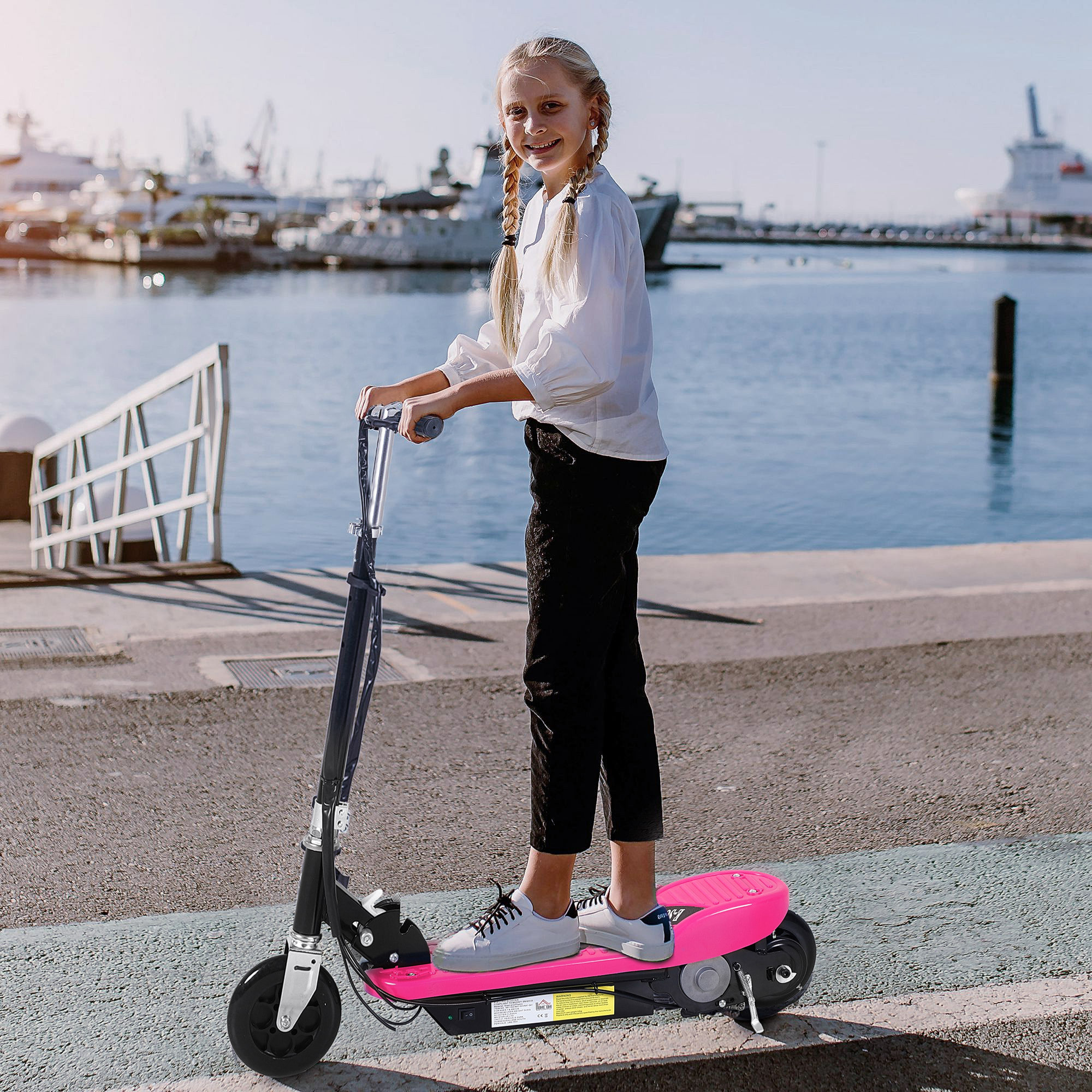 Patinete Eléctrico Plegable para Niños y Adolescentes de +7 Años Velocidad de 10 km/h Scooter Eléctrico con Manillar Ajustable en Altura y Frenos Carga Máx. 50 kg 78x37x87-95 cm Rosa