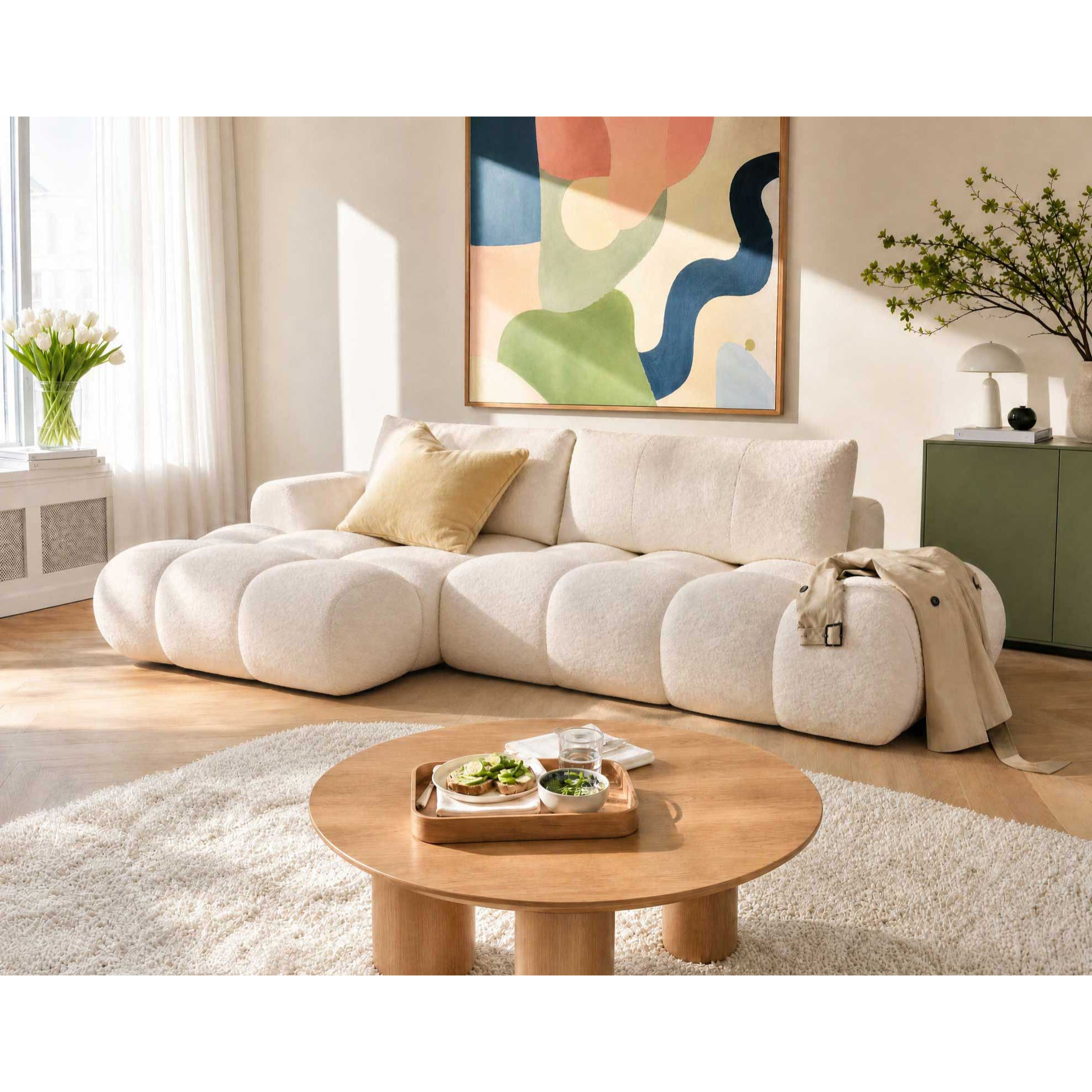Yulin - Canapé d'angle ouvert gauche 4 places convertible avec coffre en tissu bouclette - Beige