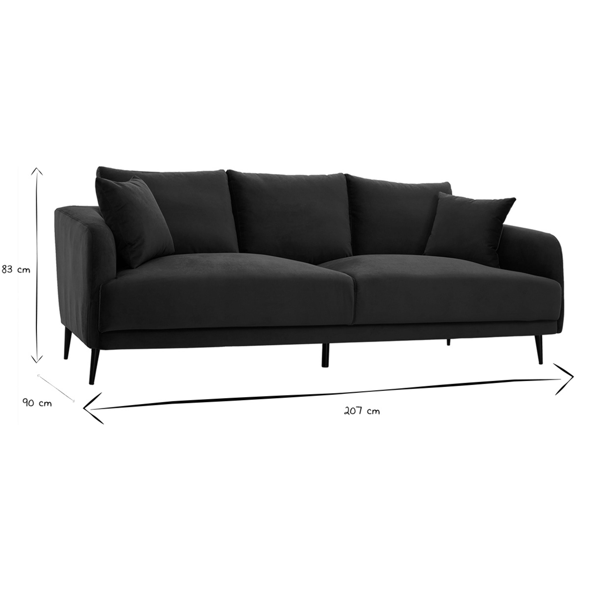 Canapé design 3 places en tissu velours bleu pétrole et métal noir JERRY