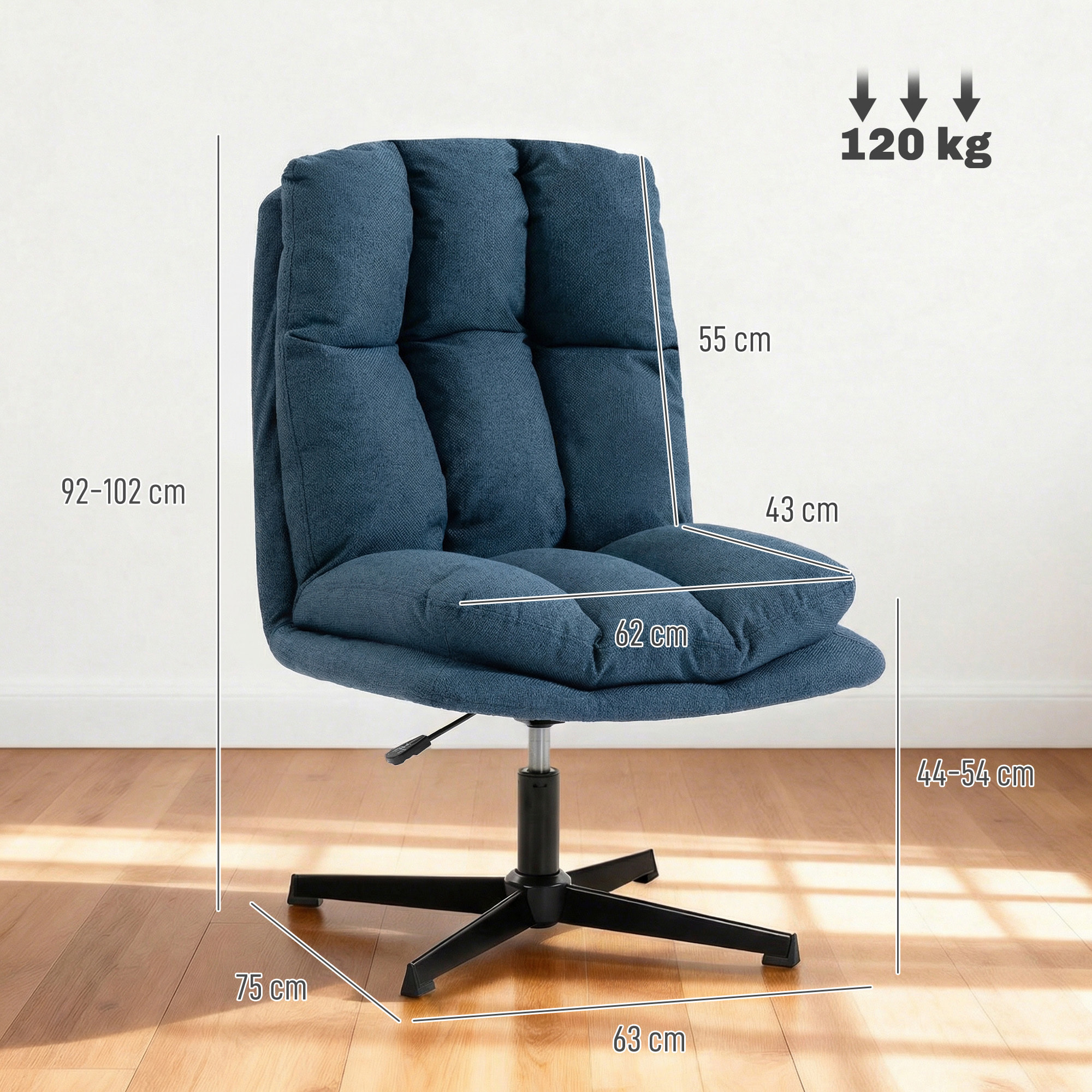 Butaca de Salón, Sillón Giratorio 360°, Sillón Relax con Altura Ajustable, Asiento Ancho, Tapizado en Lino, Base de Metal para Sala de Estar, Dormitorio, Azul Oscuro