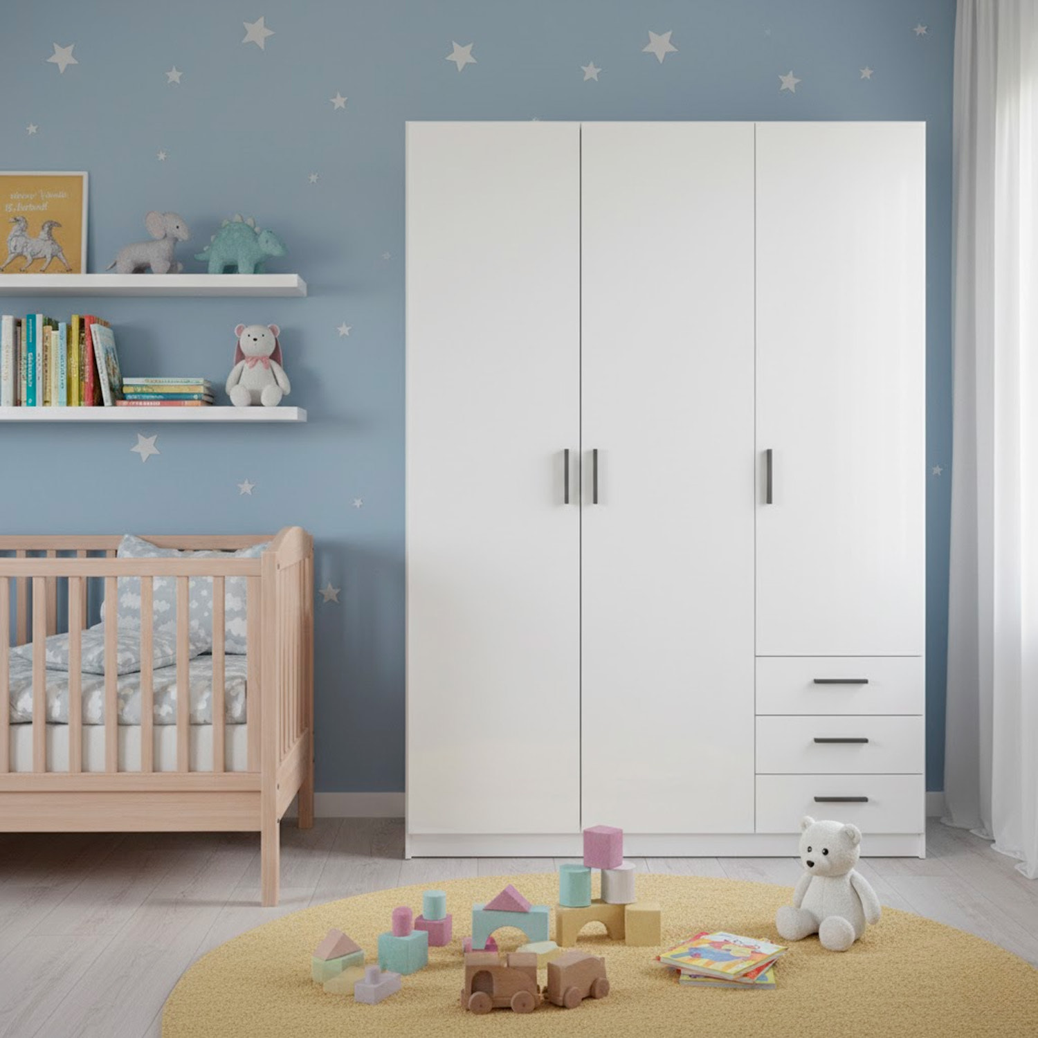 Armadio Con 3 Ante R 3 Cassetti Barra Appendiabiti E 4 Ripiani Di Cui 2 Regolabili Design Moderno Capiente Camera Letto  147 x 49.8 x 200.4 Cm Bianco