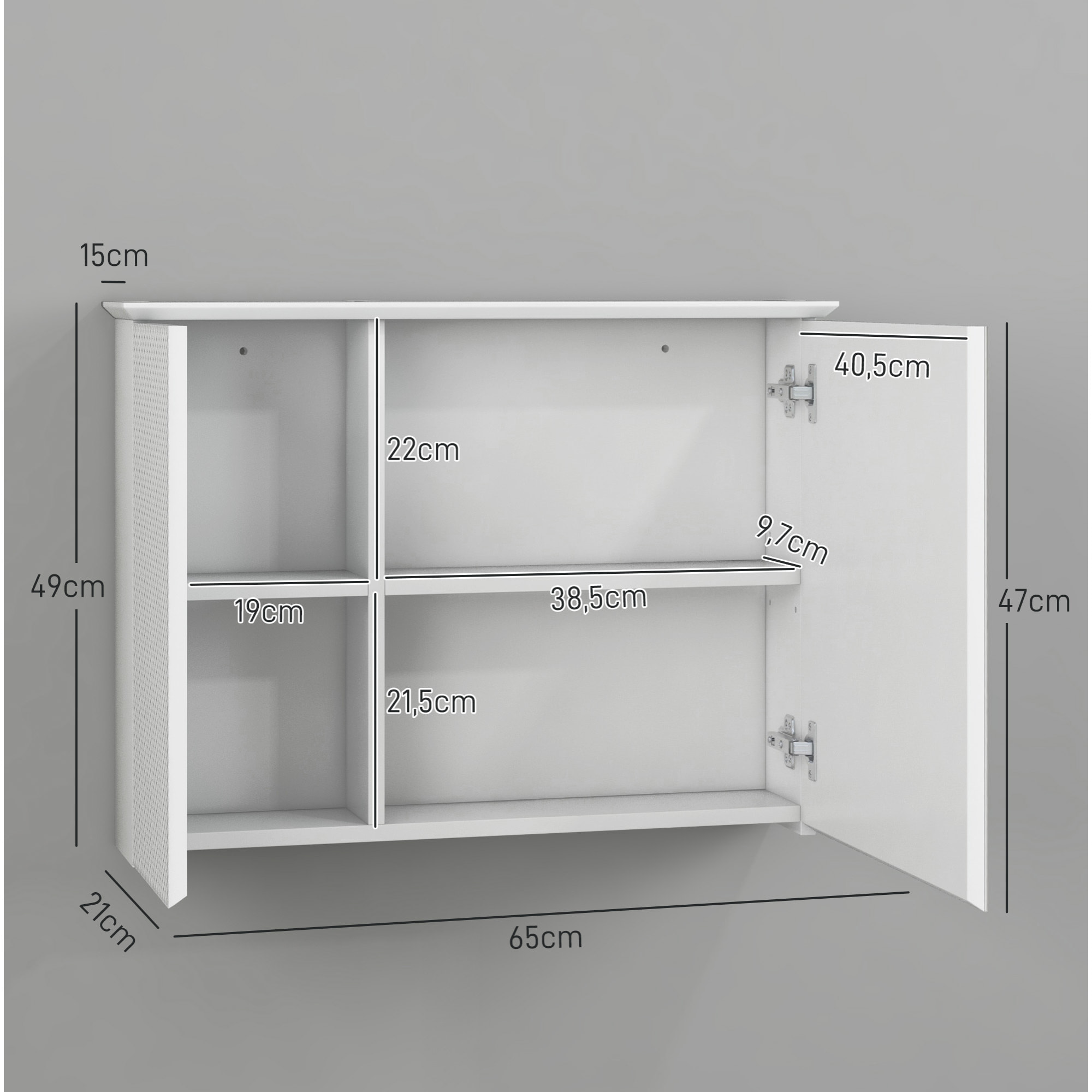 Armoire murale miroir salle de bain design contemporain 2 portes étagères dim. 65L x 15l x 49H cm blanc