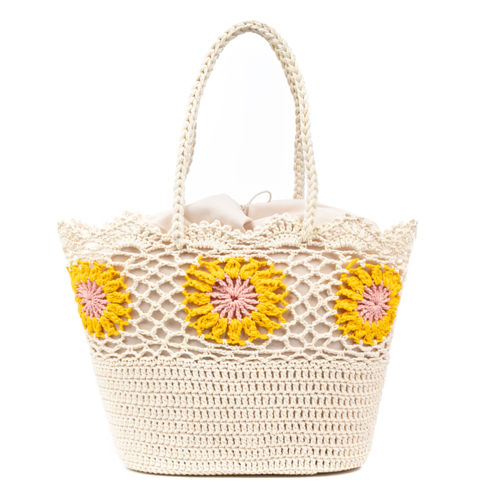 Villaga borsa a spalla donna. Realizzata in cotone, con fiori decorativi.