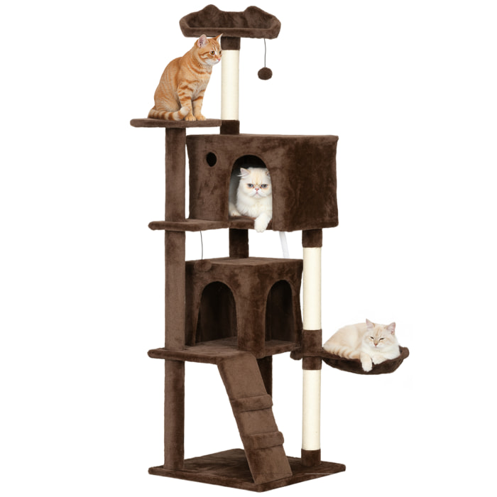 Árbol Rascador para Gatos, Árbol para Gatos 160 cm, Torre Escalador con Múltiples Plataformas, Cama, 2 Cuevas, Hamaca, Escalera, Postes de Sisal, Bolas para Jugar, Marrón