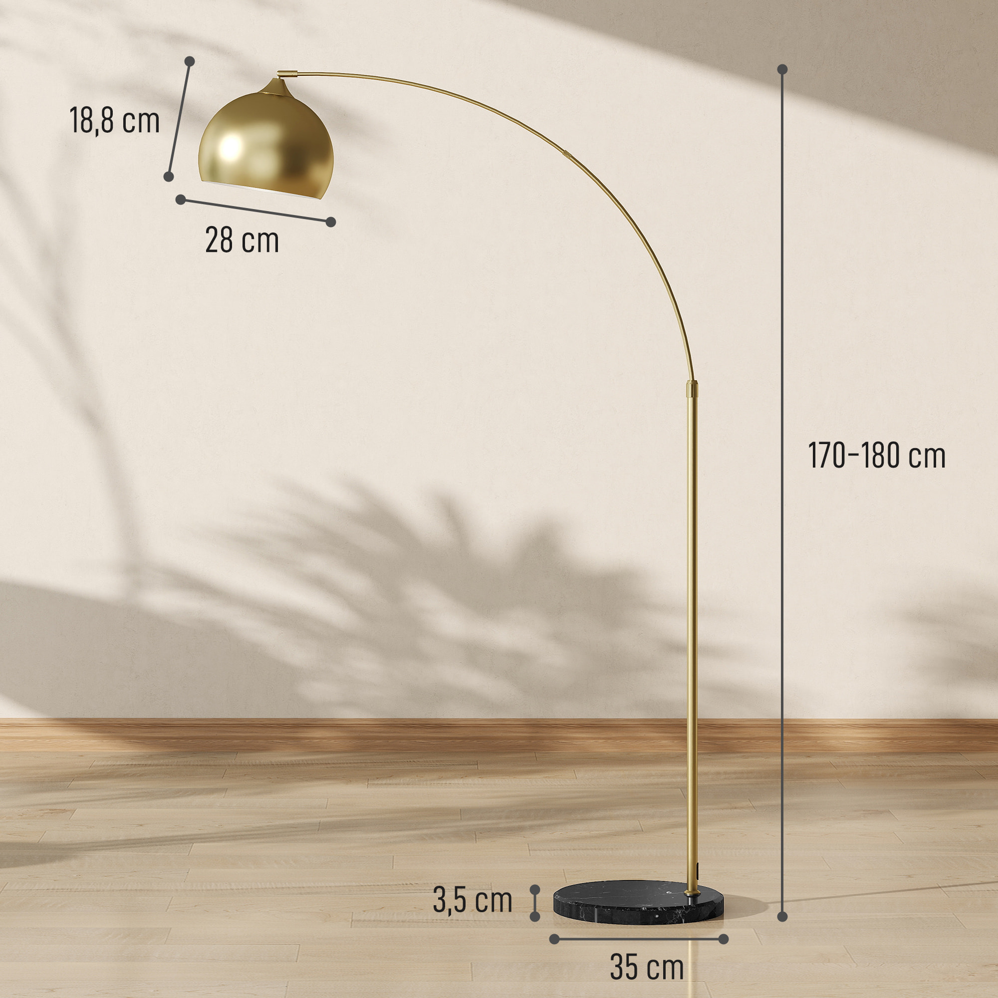 Lampadaire arc - lampadaire arceau courbé design - pied marbre noir mât abat-jour globe métal doré