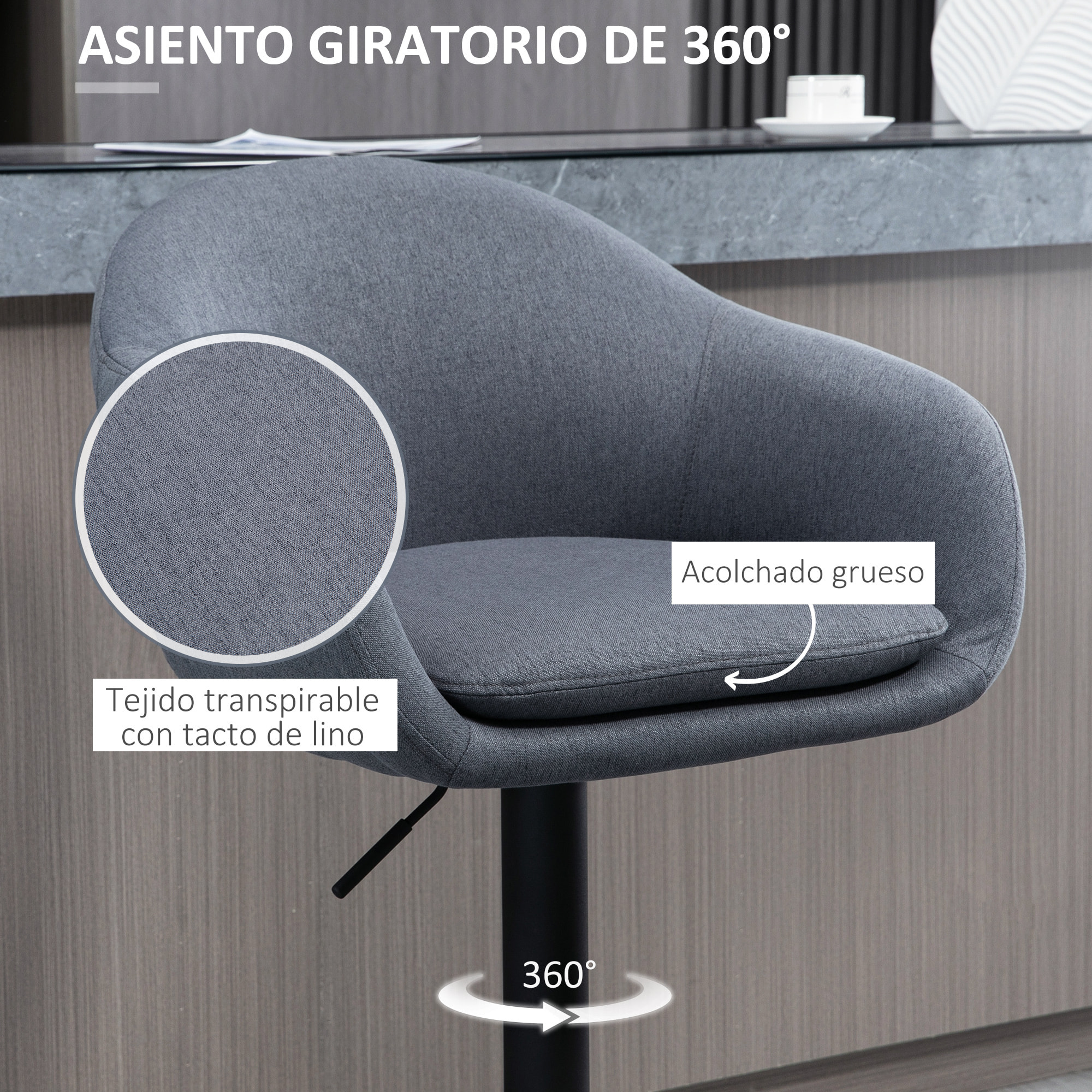 Taburete Alto de Cocina Regulable en Altura Taburete de Bar Tapizado de Tela con Reposapiés y Pata de Acero Carga 110 kg 54x54x92-112 cm Gris Oscuro