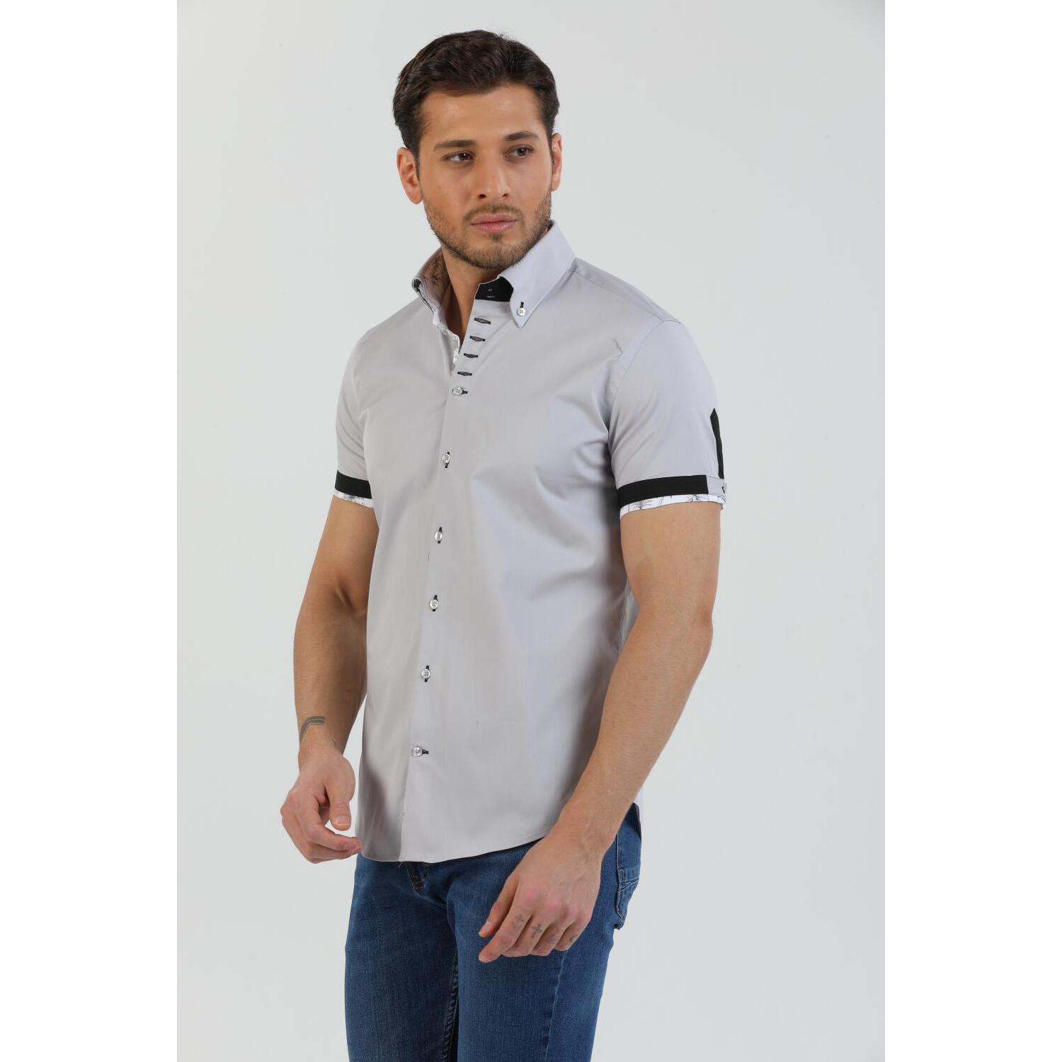 Camicia Uomo Manica Corta 2 Bottoni Button Down 7 Botto Popeline Stretch Unito Grigio