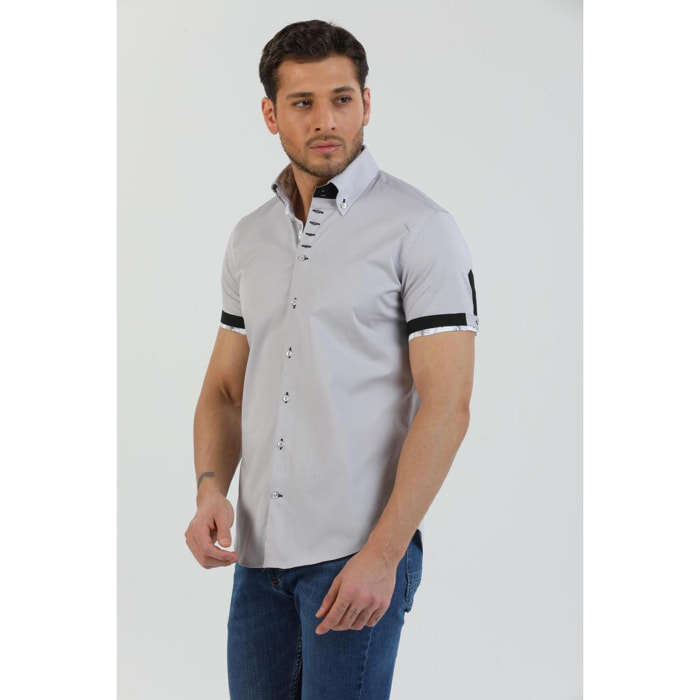 Camicia Uomo Manica Corta 2 Bottoni Button Down 7 Botto Popeline Stretch Unito Grigio